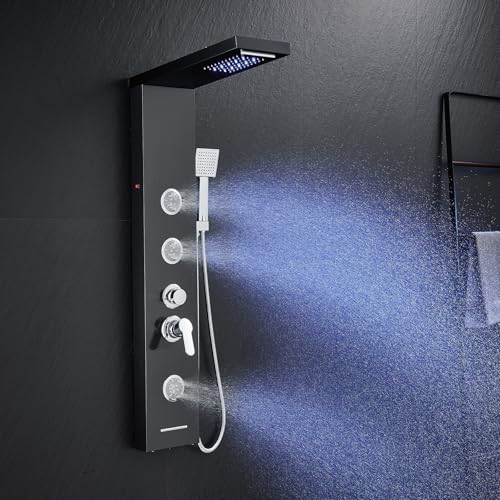 KINKIBOS Duschpaneel mit Armatur, 6 Funktionen Duschpaneel mit LED Regen&Wasserfall Dusche, 3 Massagedüsen, Handbrause und Wanneneinlauf, Duschsäule aus Edelstahl Schwarz von KINKIBOS