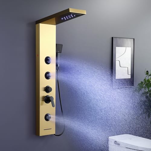 KINKIBOS Golden Duschpaneel mit Armatur, 6 Funktionen Duschpaneel mit LED Regen&Wasserfall Dusche, 3 Massagedüsen, Handbrause und Wasserfall Wanneneinlauf, Duschsäule aus Edelstahl KINKIBOS Golden Duschpaneel mit Armatur, 6 Funktionen Duschpaneel mit LED Regen&Wasserfall Dusche, 3 Massagedüsen, Handbrause und Wasserfall Wanneneinlauf, Duschsäule aus Edelstahl von KINKIBOS