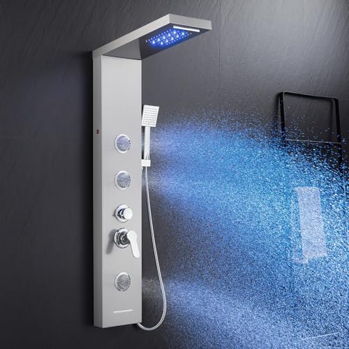 KINKIBOS Duschpaneel mit Armatur, 6 Funktionen Duschpaneel mit LED Regen&Wasserfall Dusche, 3 Massagedüsen, Handbrause und Wasserfall Wanneneinlauf, Duschsäule aus Edelstahl von KINKIBOS
