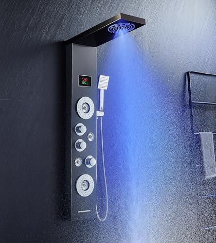 KINKIBOS Duschpaneel mit Armatur, 6 Funktionen Duschpaneel mit LED Temperaturanzeige Regendusche, Nebeldusche, 2 Modi Massagedüsen, Handbrause und Wanneneinlauf, Duschsäule aus Edelstahl, Schwarz von KINKIBOS