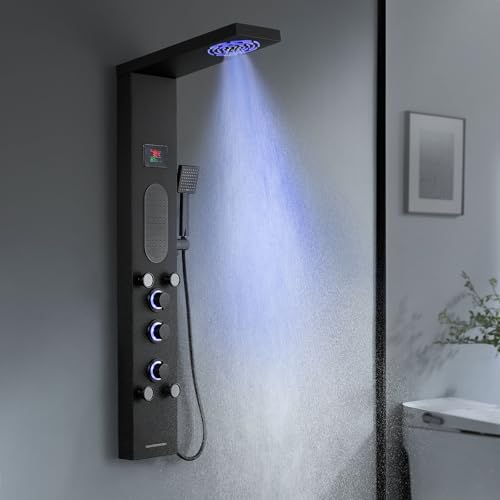 KINKIBOS Duschpaneel mit Armatur, 6 Funktionen Duschpaneel mit LED Temperaturanzeige Regendusche, Nebeldusche, 2 Modi Massagedüsen, Handbrause und Wanneneinlauf, Duschsäule aus Edelstahl, Schwarz Matt von KINKIBOS