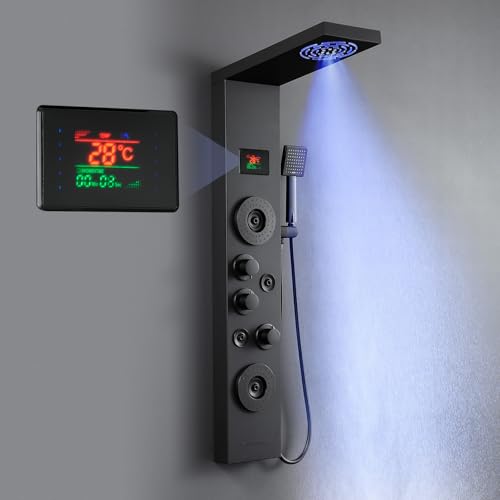 KINKIBOS Duschpaneel mit Armatur, 6 Funktionen Duschpaneel mit LED Temperaturanzeige Regendusche, Nebeldusche, 2 Modi Massagedüsen, Handbrause und Wanneneinlauf, Duschsäule aus Edelstahl, Schwarz Matt von KINKIBOS