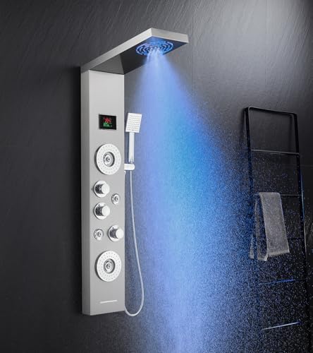 KINKIBOS Duschpaneel mit Armatur, 6 Funktionen Duschpaneel mit LED Temperaturanzeige Regendusche, Nebeldusche, 2 Modi Massagedüsen, Handbrause und Wanneneinlauf, Duschsäule aus Edelstahl von KINKIBOS