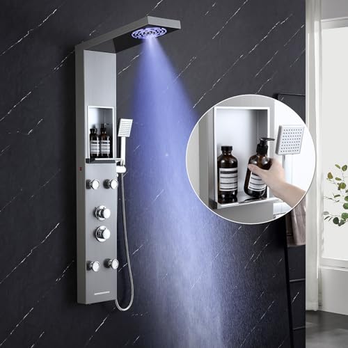 KINKIBOS Duschpaneel mit Armatur und Ablage, 5 Funktionen Duschsäule: LED Regen&Nebel Dusche, 4 Breitwinkel Verstellbare Massagedüsen, Handbrause und Wasserfall-Wanneneinlauf, Edelstahl Gebürstet von KINKIBOS