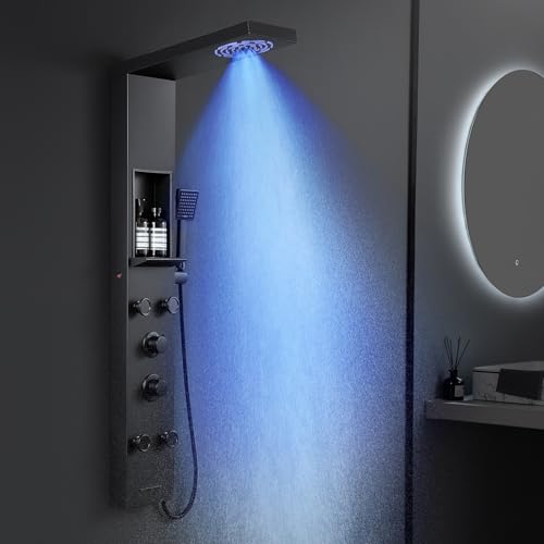 KINKIBOS Duschpaneel mit Armatur und Ablage Schwarz Matt, 5 Funktionen Duschsäule LED Regen&Nebel Dusche, 4 Breitwinkel Verstellbare Massagedüsen, Handbrause und Wasserfall-Wanneneinlauf, Edelstahl von KINKIBOS