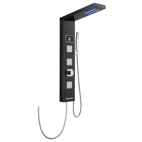 KINKIBOS LED Duschpaneel ohne Armatur, 4 Funktionen Duschpaneel mit Regendusche, 3 Massagedüsen, Handbrause und Wanneneinlauf, Duschsäule aus Edelstahl 304, Messing Verteiler, Schwarz von KINKIBOS