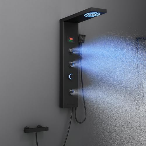 KINKIBOS Duschpaneel ohne Armatur, 6 Funktionen Duschpaneel mit LED Temperaturanzeige Regendusche, Nebeldusche, 2 Modi Massagedüsen, Handbrause und Wanneneinlauf, Duschsäule Edelstahl, Matt Schwarz KINKIBOS Duschpaneel ohne Armatur, 6 Funktionen Duschpaneel mit LED Temperaturanzeige Regendusche, Nebeldusche, 2 Modi Massagedüsen, Handbrause und Wanneneinlauf, Duschsäule Edelstahl, Matt Schwarz von KINKIBOS