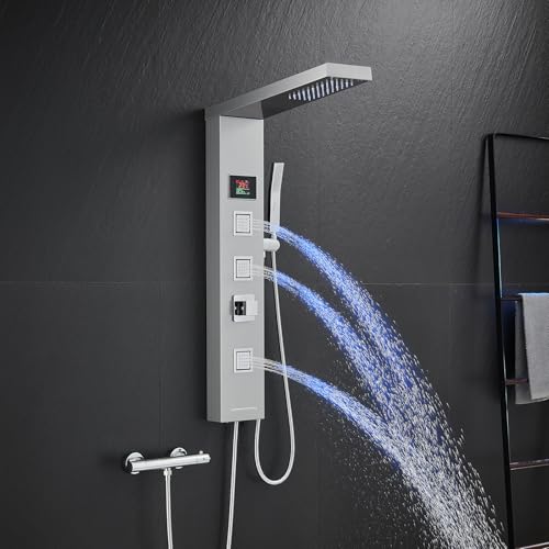 KINKIBOS LED Duschpaneel ohne Armatur, 4 Funktionen Duschpaneel mit Regendusche, 3 Massagedüsen, Handbrause und Wanneneinlauf, Duschsäule aus Edelstahl 304, Messing Verteiler, Gebürstet von KINKIBOS