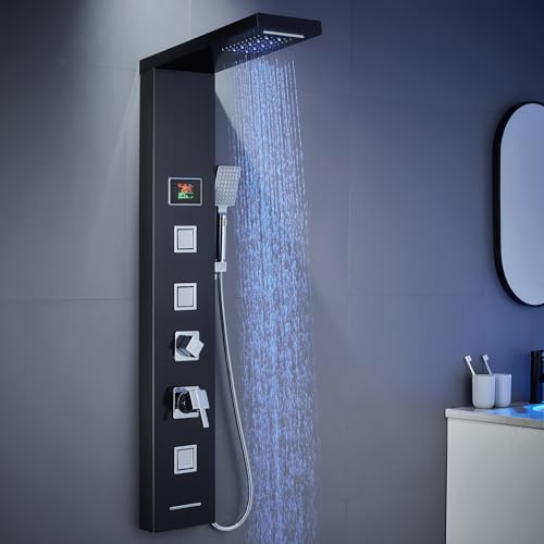 KINKIBOS LED Duschpaneel mit Armatur, 5 Funktionen Duschpaneel mit LED Temperaturanzeige, Regen&Wasserfall Dusche, 3 Massagedüsen, Handbrause und Wanneneinlauf, Duschsäule aus Edelstahl 304, Schwarz KINKIBOS LED Duschpaneel mit Armatur, 5 Funktionen Duschpaneel mit LED Temperaturanzeige, Regen&Wasserfall Dusche, 3 Massagedüsen, Handbrause und Wanneneinlauf, Duschsäule aus Edelstahl 304, Schwarz von KINKIBOS
