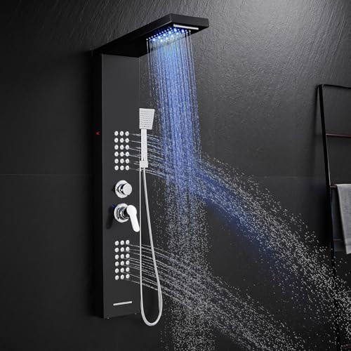 KINKIBOS LED Duschpaneel mit Armatur, 5 Funktionen Duschpaneel mit LED Regendusche, Nebeldusche, Massagedüsen, Handbrause und Wanneneinlauf, Duschsäule aus Edelstahl, Schwarz von KINKIBOS