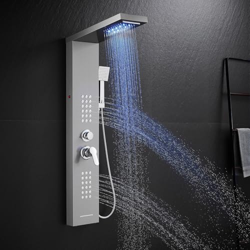 KINKIBOS LED Duschpaneel mit Armatur, 5 Funktionen Duschpaneel mit LED Regendusche, Nebeldusche, Massagedüsen, Handbrause und Wanneneinlauf, Duschsäule aus Edelstahl von KINKIBOS
