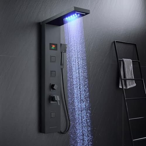 KINKIBOS LED Duschpaneel mit Armatur, 5 Funktionen Duschpaneel mit LED Temperaturanzeige, Regen&Wasserfall Dusche, 3 Massagedüsen, Handbrause und Wanneneinlauf, Duschsäule aus Edelstahl, Mattschwarz von KINKIBOS