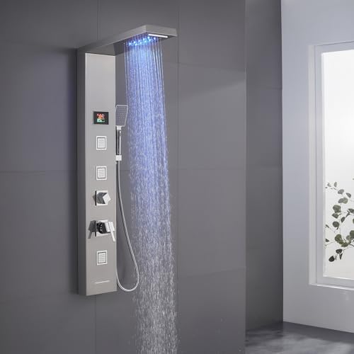 KINKIBOS LED Duschpaneel mit Armatur, 5 Funktionen Duschpaneel mit LED Temperaturanzeige, Regen&Wasserfall Dusche, 3 Massagedüsen, Handbrause und Wanneneinlauf, Duschsäule aus Edelstahl 304, Gebürstet von KINKIBOS
