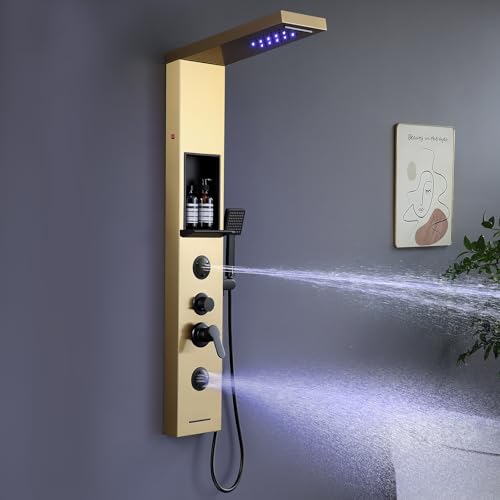 KINKIBOS Golden Duschpaneel mit Armatur und Ablage, 6 Funktionen LED Duschsäule Regen&Wasserfall Dusche, 2-Mode-Massagedüse, Handbrause und Wasserfall-Wanneneinlauf, Edelstahl von KINKIBOS