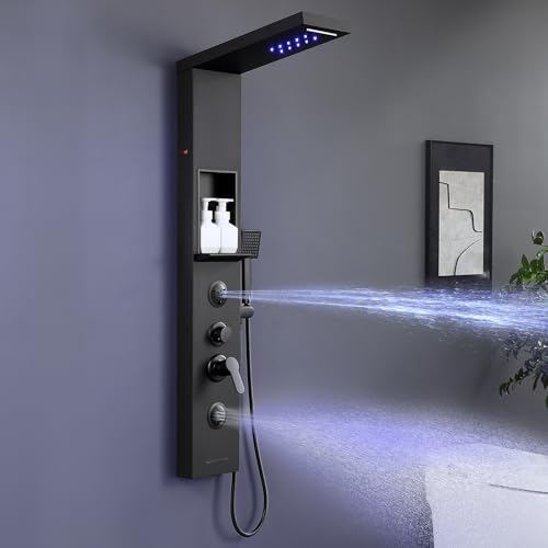 KINKIBOS LED Duschpaneel mit Armatur und Ablage Schwarz, 6 Funktionen Duschsäule Regen&Wasserfall Dusche, 2-Mode-Massagedüse, Handbrause und Wasserfall-Wanneneinlauf, Edelstahl von KINKIBOS