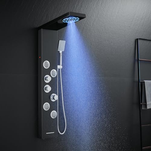 KINKIBOS LED Schwarz Duschpaneel mit Thermostat, 6 Funktionen Duschpaneel mit Regen&Nebeldusche, 4 Massagedüsen, Handbrause und Wanneneinlauf, Duschsäule aus Edelstahl 304 von KINKIBOS