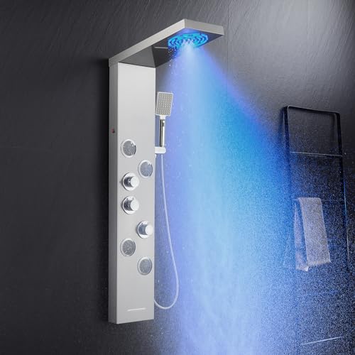 KINKIBOS LED Duschpaneel mit Thermostat, 6 Funktionen Duschpaneel mit LED Regendusche, Nebeldusche, 4 Massagedüsen, Handbrause und Wanneneinlauf, Duschsäule aus Edelstahl 304 von KINKIBOS