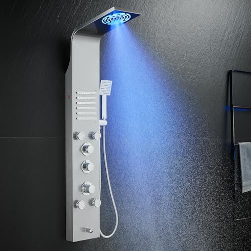 KINKIBOS LED Duschpaneel mit Thermostat, 6 Funktionen Duschpaneel mit LED Regendusche, Nebeldusche, Massagedüsen, Handbrause und Wanneneinlauf, Duschsäule aus Edelstahl 304, Gebürstet von KINKIBOS