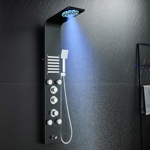 KINKIBOS LED Duschpaneel mit Thermostat, 6 Funktionen Duschpaneel mit LED Regendusche, Nebeldusche, Massagedüsen, Handbrause und Wanneneinlauf, Duschsäule aus Edelstahl 304, Schwarz von KINKIBOS