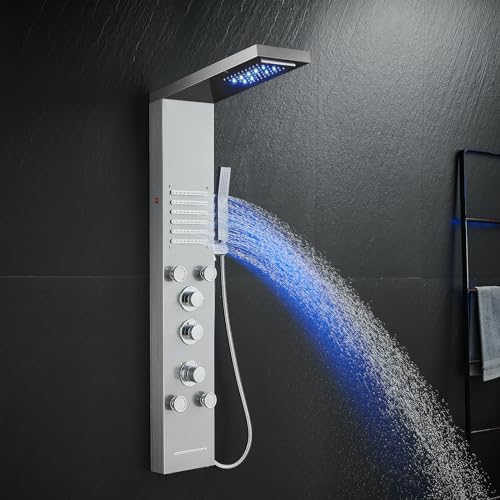 KINKIBOS LED Duschpaneel mit Thermostat, 6 Funktionen Duschpaneel mit Regen&Wasserfall Dusche, 2 Seitenspray, Handbrause und Wanneneinlauf, Duschpaneel aus Edelstahl 304, Gebürstet von KINKIBOS
