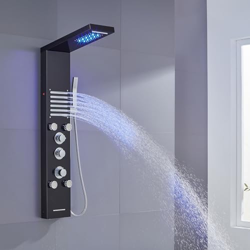 KINKIBOS LED Duschpaneel mit Thermostat, 6 Funktionen Duschpaneel mit Regen&Wasserfall Dusche, 2 Seitenspray, Handbrause und Wanneneinlauf, Duschpaneel aus Edelstahl 304, Schwarz von KINKIBOS