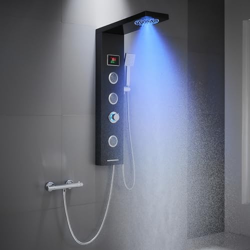 KINKIBOS Duschpaneel ohne Armatur, 6 Funktionen Duschpaneel mit LED Temperaturanzeige Regendusche, Nebeldusche, 2 Modi Massagedüsen, Handbrause und Wanneneinlauf, Duschsäule aus Edelstahl 304, Schwarz KINKIBOS Duschpaneel ohne Armatur, 6 Funktionen Duschpaneel mit LED Temperaturanzeige Regendusche, Nebeldusche, 2 Modi Massagedüsen, Handbrause und Wanneneinlauf, Duschsäule aus Edelstahl 304, Schwarz von KINKIBOS