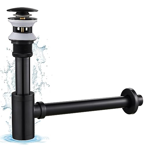 KINKIBOS Design Siphon mit Pop Up Ventil Ablaufgarnitur für Waschbecken Schwarz Retro, Siphon 1 1/4 zoll aus Messing Abflussgarnitur Abfluss für Bad, Geruchsverschluss inkl. Dichtungen von KINKIBOS