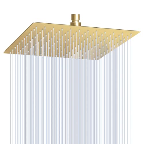 KINLIV 30CM Duschkopf Regendusche Gold Groß, 304 Edelstahl Quadrat Wasserfall Duschkopf Wassersparend, Mit 144 Anti Kalk Düsen, 360° Verstellbarer 12 Zoll Deken Regenduschkopf von KINLIV