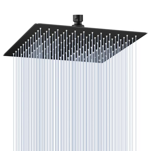 KINLIV 30CM Duschkopf Regendusche Schwarz Groß, 304 Edelstahl Quadrat Duschkopf Wassersparend, Mit 144 Anti Kalk Düsen, 360° Wasserfall 12 Zoll Decken Regenduschkopf von KINLIV