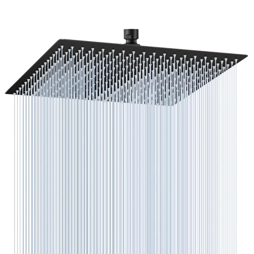 KINLIV 40CM Duschkopf Regendusche Schwarz Groß, 304 Edelstahl Wasserfall Duschkopf Wassersparend, Mit 324 Anti Kalk Düsen, 360° Verstellbarer 16 Zoll Regenduschkopf Eckig von KINLIV