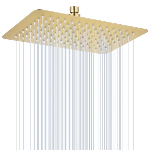 KINLIV Rechteckiger Regenduschkopf, 30,5 x 20,3 cm, gebürstetes Gold, Ganzmetall-Edelstahl 304, Ganzkörper-Regendusche mit 112 Silikondüsen, Wasserfall-Duschköpfe mit hohem Durchfluss von KINLIV