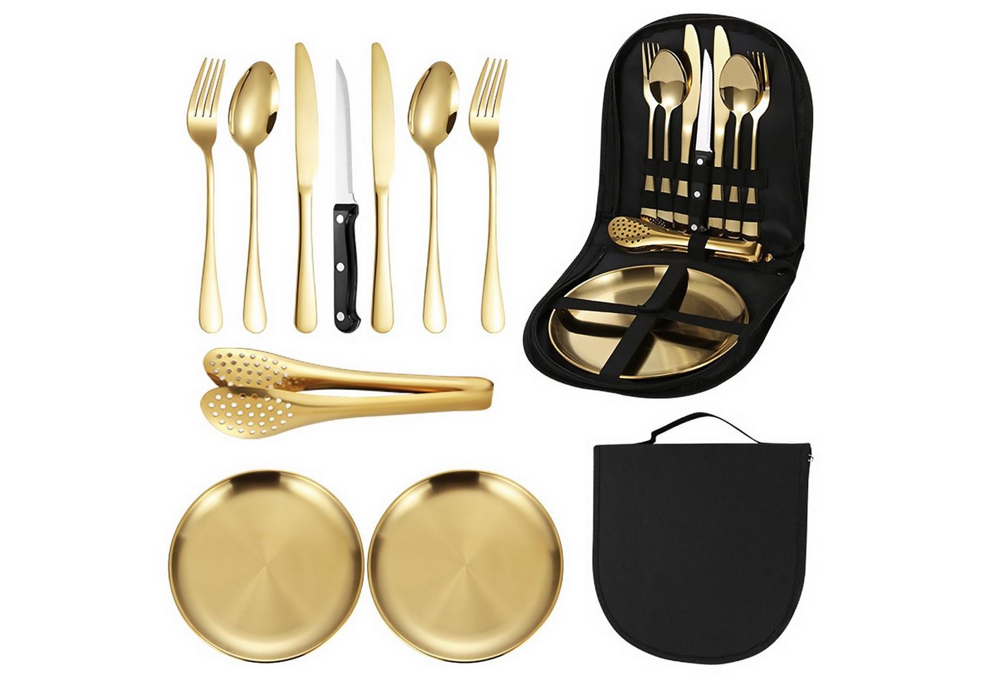 KINSI Besteck-Set Besteck-Set,10 Teile für 2 Personen,Edelstahl,Mit Aufbewahrungsbeutel, Besteckset mit Messer, Gabel, Löffel, Teller und Steakhalter von KINSI