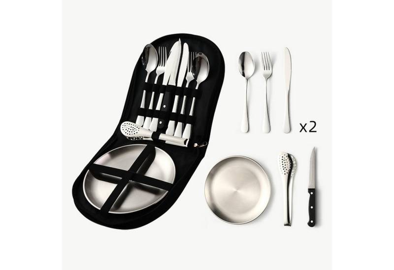 KINSI Geschirr-Set 9-teiliges Camping Besteck Set aus Edelstahl mit Aufbewahrungstasche (9-tlg), 2 Personen, Inkl. Steakmesser, Gabel, Löffel & Teller,für Picknick, Grillen von KINSI