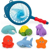 Baby Badespielzeug, 7 Stück Wasserspielzeug Badewanne oder Swimmingpool Schwimmtiere mit Fischernetz von KINSI