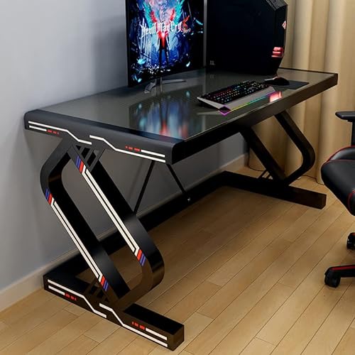 Gaming-Schreibtisch, PC-Computertisch, X-förmiger Gamer-Schreibtisch mit Karbonfaseroberfläche und vollständigem Mauspad, ergonomischer E-Sport-Stil für großen PC-Computertisch, Schwarz-L 100 cm von KINSL