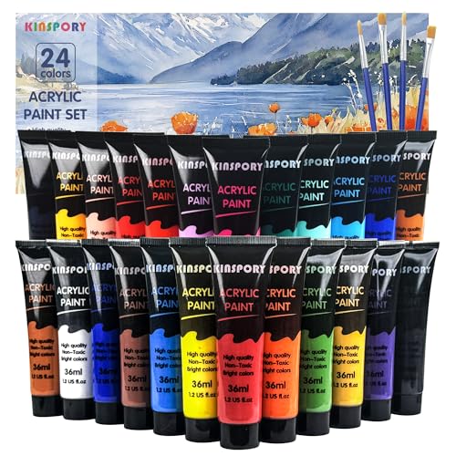 KINSPORY Acrylfarben Set 24 x 36 ml mit 4 Pinseln – Wasserbeständig, zertifiziert sicher – Für Leinwand, Holz, Stoff – Geschenk für Künstler und Anfänger von KINSPORY