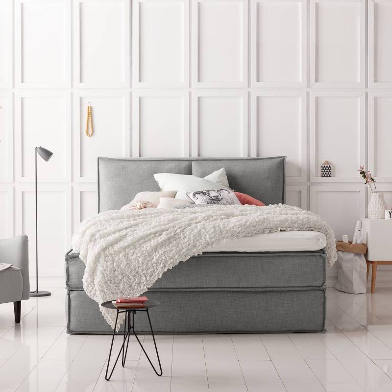 home24 Premium Boxspringbett mit Kopfteil 140 x 220cm Flachgewebe Grau/Grau H2 130 cm von home24