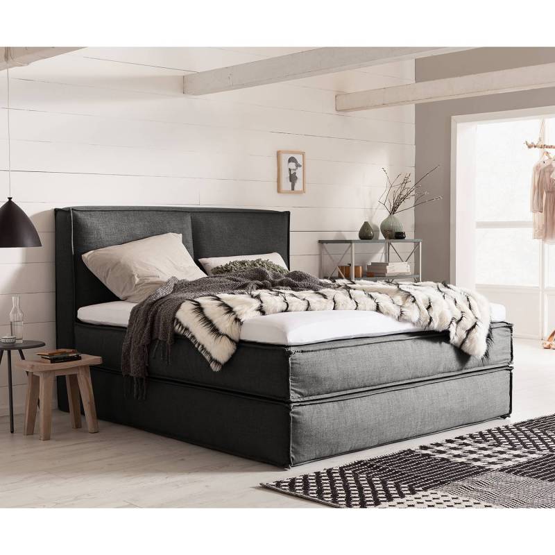 home24 Premium Boxspringbett mit Kopfteil 160 x 200cm Flachgewebe Grau/Anthrazit H2 130 cm von home24