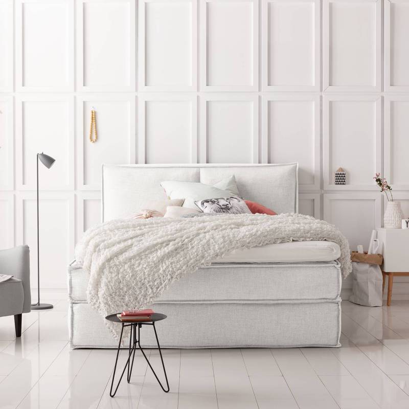 home24 Premium Boxspringbett mit Kopfteil 160 x 200cm Flachgewebe Weiß/Weiß H2 130 cm von home24