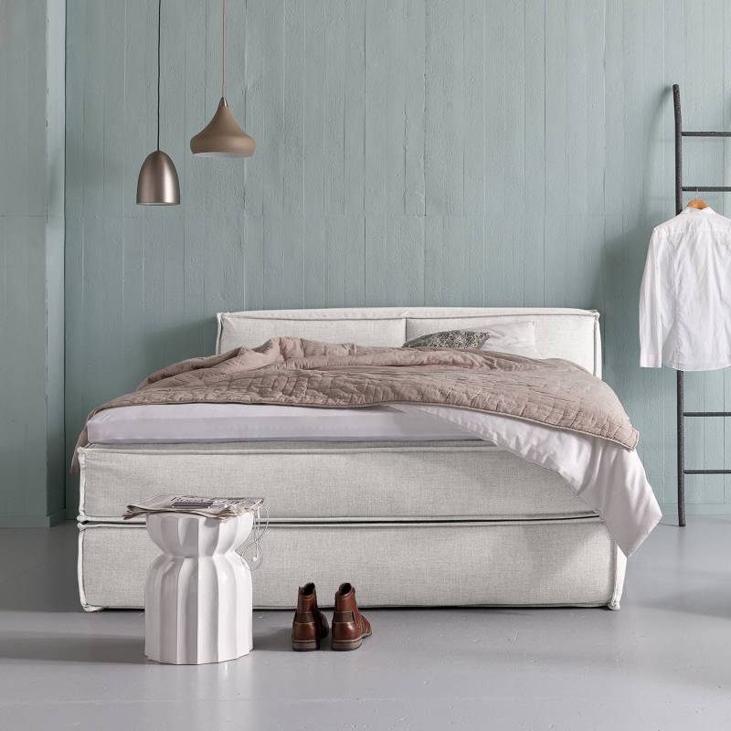 home24 Premium Boxspringbett mit Kopfteil 180 x 200cm Flachgewebe Weiß/Weiß H2 100 cm von home24