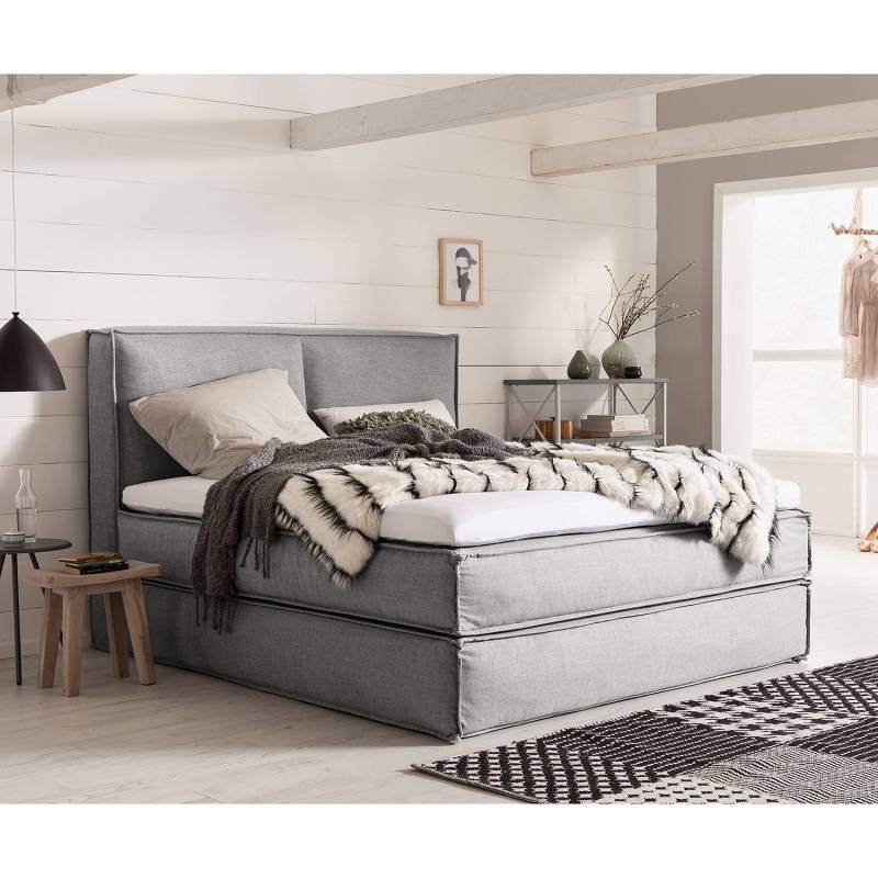 home24 Premium Boxspringbett mit Kopfteil 200 x 200cm Flachgewebe Grau/Grau H2 130 cm von home24