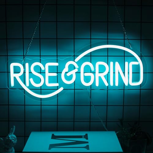 Rise & Grind LED Schild Hustle Neon Sign Dimmbare Inspirierend Deko Eisblaue Buchstaben Neonlicht Motivierend Leuchtreklame für Schlafzimmer Büro Gym Sportraum Man Cave Deko Rise & Grind LED Schild Hustle Neon Sign Dimmbare Inspirierend Deko Eisblaue Buchstaben Neonlicht Motivierend Leuchtreklame für Schlafzimmer Büro Gym Sportraum Man Cave Deko von KIOCLA