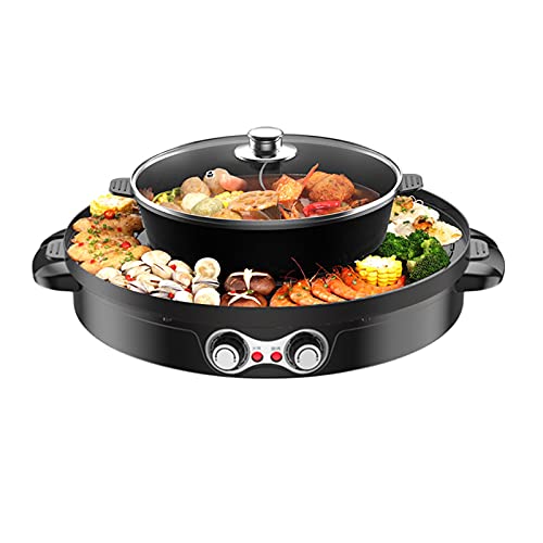 KIOPOWQ 2 in 1 BBQ Grill und Hot Pot Elektrischer Heißer Topf Doppelt Trennung Grillen Haushalt Mandarin Ententopf 44 cm Backform Grillpfanne für 5-8 Personen 2200W Schwarz von KIOPOWQ