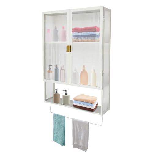 KIOPOWQ Badezimmerschrank Hängend mit Transparenten Türen Wandmontage Lagerschrank Hochschränke mit Handtuchhalter Schrank Aufbewahrungsschrank für Küche Schlafzimmer Wohnzimmer Weiß von KIOPOWQ