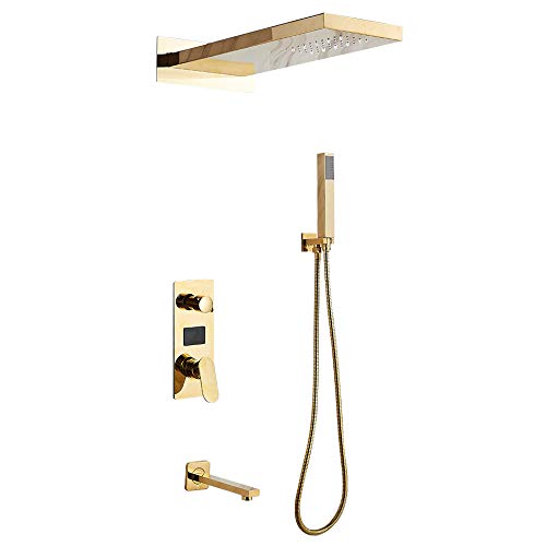 KIOPOWQ Duschsystem 3-Wege Wasserfall Duschset Regendusche Handbrause Duscharmatur Digitalanzeige Mischbatterie LED Regendusche mit Temperatur-Anzeige Gold von KIOPOWQ