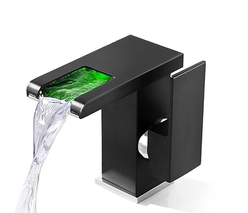 KIOPOWQ LED Wasserhahn Wasserfall Waschbecken Becken Armatur Bad Einhandmischer Waschtisch Armatur Badarmatur Schwarz von KIOPOWQ