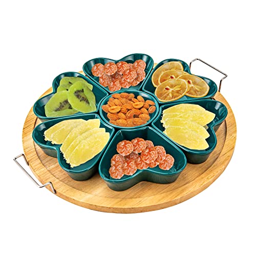 KIOPOWQ Snacktablett, Snack-Teller, Servierplatten für Salate Dips Tapas, Serviertablett mit 7 Herzförmige Schalen aus Porzellan und Servierbrett aus Bambus (Schwarzgrün) von KIOPOWQ