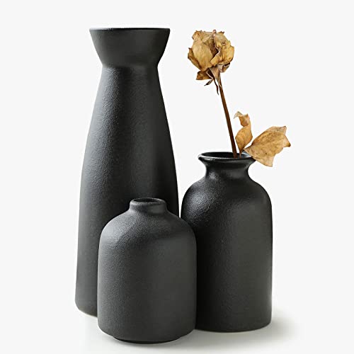 KIOXOHO Schwarze Keramikvasen-Set, 3 kleine Blumenvasen für Dekoration, Moderne, rustikale Bauernhaus-Heimdekoration, dekorative Vase für Pampasgras und getrocknete Blumen, Ideenregal, Tisch, von KIOXOHO