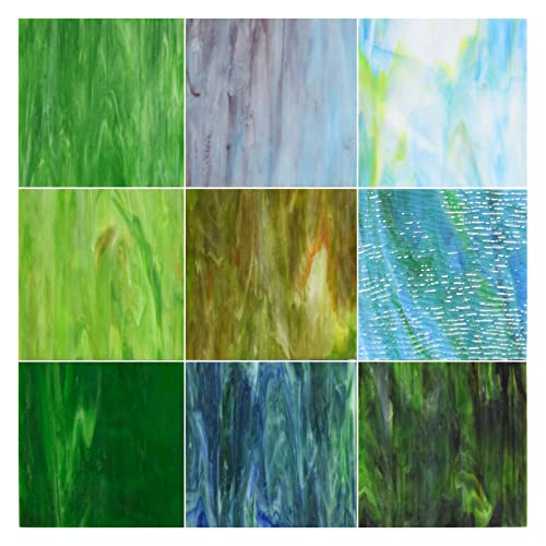 KIPHEPI Buntglasscheiben, 9 Blatt, verschiedene Texturen, 15,2 x 15,2 cm, Kathedralenkunst, Glas zum Basteln und Mosaikherstellung, Grün von KIPHEPI
