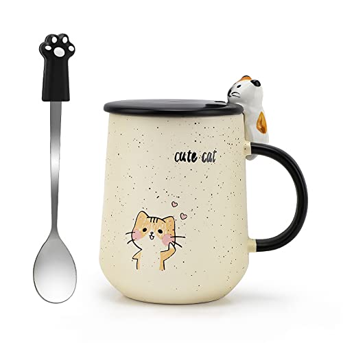 KIPIDA Katze Tassen, Süße Keramik Kaffeetasse, Geschenk Valentinstag, Geschenke für Frauen, Kaffee-Tasse Kaffeebecher, Becher Geschenk Teetasse mit Deckel und löffel, Morgen Cup Tee Milch Becher von KIPIDA